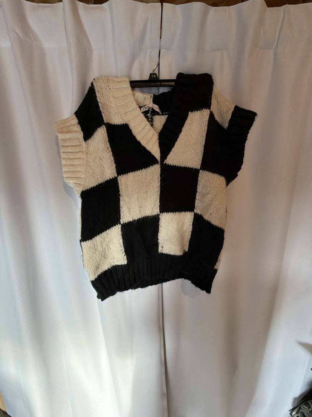 Zara Check Knit Sweater Vest Size S Black White